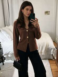 SEREN Fashion Women's Autumn/Winter Knitted Cardigan, V-Neck Long Sleeve Design With Button Details - Brown - View 2