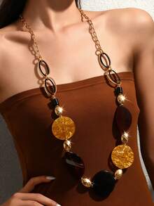1pc Boho Statement Women's Long Necklace,Vintage Golden Chain Amber Acrylic Geometric,Adjustable Stacked Layered Jewelry For Daily Vacation Date Party - Multicolor - View 1