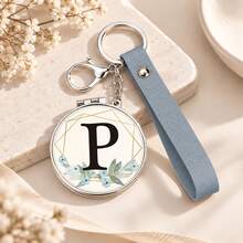 1pc 26 Letters Optional Floral Design Double-Sided Portable Makeup Mirror, 1X High Definition Mirror 180° Foldable PU Leather Pendant, Girls Bag Keychain Mirror/Bag Charm - Multicolor - View 14