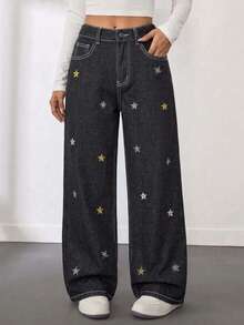 Girls' Teen Mid-Waist Star Embroidered Loose Wide-Leg Streetwear Black Denim Jeans - Black - View 1
