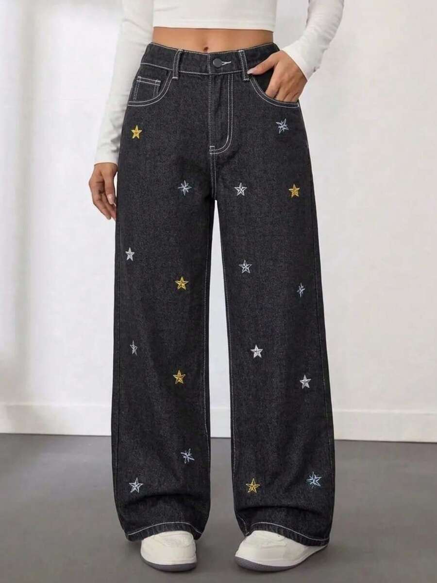 Girls' Teen Mid-Waist Star Embroidered Loose Wide-Leg Streetwear Black Denim Jeans - Black - View 1