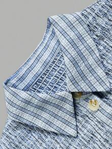 Women's Elegant Plaid Shirt Short Dress, Collared Long Sleeve Ruched Cinched Waist A-Line Skirt, Suitable For Daily Outings And Commuting - Baby Blue - View 4