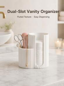Matte Cream White Vertical Stripe Dual-Compartment Cosmetic Storage Box, Makeup Pads And Beauty Tool Organizer, Dual Independent Sections For Separating Pads And Small Beauty Tools To Keep Organized, Smooth Vertical Stripe Rounded Design Saves Desk Space, One-Piece Hollow Opening Supports One-Handed Easy Access To Supplies - Multicolor - View 7