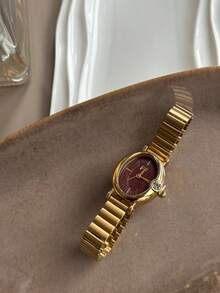 1pc Elegant Gold Oval Women's Quartz Watch, Rhinestone Bezel, Deep Red Dial, Suitable For Daily Wear - Gold - View 4