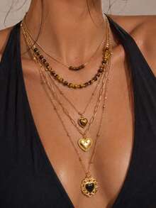 4Pcs Tiger Eye Stone Heart Pendant Necklace Set, Layered Gold Chain Choker Necklaces For Women, Vintage Crystal Jewelry Gift - Multicolor - View 8
