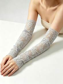 1 Pair Women's Lace Arm Sleeves, Elegant Breathable Solid Color Design, Summer Outing Cooling Arm Guards, Long Structured Random Style Suitable For Daily Commute And Party - A - View 4