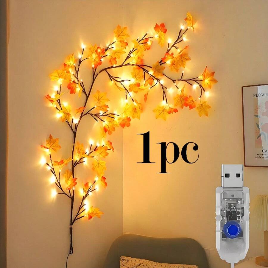 1pc Flexible Maple Leaf Branch String Light, Glowing Maple Vine Light, USB Powered, 8 Flashing Modes, Decorative Atmosphere Light, Suitable For Wall, Bedroom, Living Room, Autumn Home Decor And Thanksgiving - Maple Leaf Rattan - View 1