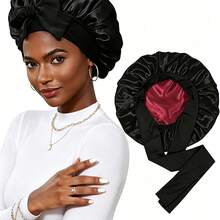 Penutup Kepala Satin dengan Pita Besar Berwarna-warni, Topi Tidur Elastis yang Nyaman, Perawatan Rambut di Rumah, Hadiah Liburan untuk Wanita - A - View 13
