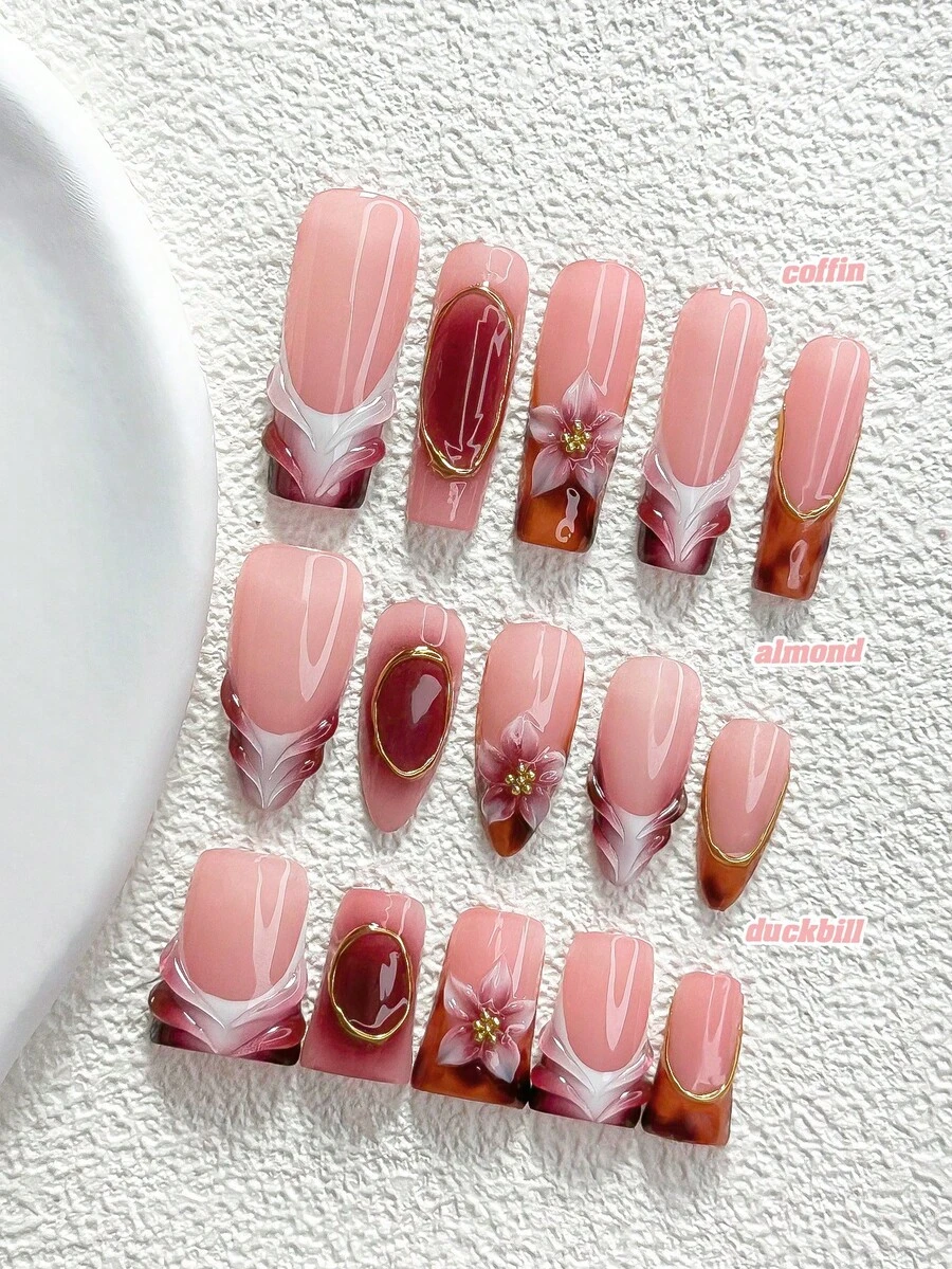 10片裝柔軟精緻手工穿戴甲,Polygel美甲套組,花卉圖案,粉色與玫瑰色指甲油,溫柔優雅風,3種尺寸可選,杏仁/鴨嘴/棺材形,適合派對、跳舞、日常配戴(手工細節可能有所不同) - 彩色 - 查看 1