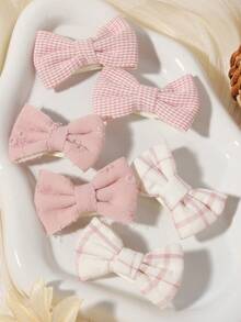 6pcs Kids Sweet Bow Hair Clips Set, Floral Plaid Polka Dot Print Butterfly Hair Clips, Daily Party Photo - Mixed color - View 8