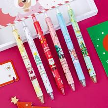 16pcs Random Cute Christmas Cartoon Retractable Gel Pens, Christmas Tree Santa Claus Reindeer Pattern Press-Type Water Pens, Office Planner Writing Stationery Christmas Party Small Gift, Includes 6 Pens + 10 Refills - Multicolor - View 10
