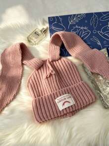 1pc Adult Fashion Personalized Knitted Hat New Women's Double Layer Thickened Cute Rabbit Ear Fabric Label Knitted Hat (Random Color Block) - Multicolor - View 5