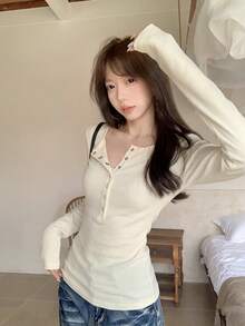 Women's New Long Sleeve Striped T-Shirt Inner Layer, Slim Fit, Unique Design Top - Apricot - View 3