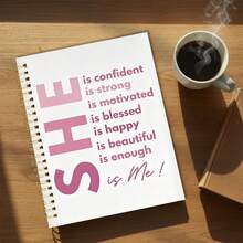 1本 14*21cm 螺旋裝訂筆記本，SHE Is Confident Strong Beautiful Is Me 勵志語錄印花軟封面日記本，橫線書寫本，適合學校、辦公室日常記錄，女性禮物 - 款式B - 查看 4