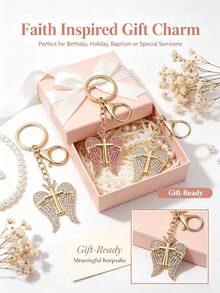 1pc Multi-Color Rhinestone Wing Cross Keychain, Inlaid With Sparkling Crystals, Metal Lobster Clasp, Portable Bag Hanging Key Ring, Suitable As Baptism, Birthday, Wedding, Holiday Gift And Daily Accessory - Multicolor - View 2