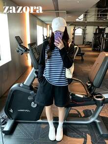 Áo kiểu Hàn Quốc tối giản phối màu khối, cổ Henley tay raglan, sọc, dáng regular, tay dài đa năng, lớp nền, quần áo mùa thu - Sọc xanh - Xem 9