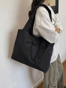 1pc Solid Color Button Decor Tote Bag Nylon Large Capacity Casual Versatile Shoulder Bag For Women Daily Commute - A - View 3