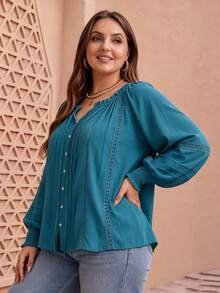 Bohemian Casual Lace Trim Patchwork Tie-Up Draped Lake Blue Plus Size Shirt - Blue - View 5