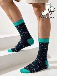 1 Pasang Kaos Kaki Boat Bermotif Molekul & Rumus Kimia yang Menarik, Manset & Ujung Kaki Warna Hijau Mint Kontras, Kaos Kaki Katun Lembut Sepanjang Betis untuk Pria - MultiWarna - View 4