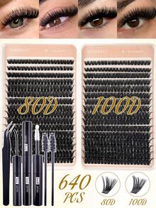 640 Clusters D Curl Segmented Eyelash Set - Includes Eyelash Adhesive & Fixing Liquid, Eyelash Brush & Auxiliary Tweezers; Natural Style Segmented Eyelashes (30D-100D, Length 10-18mm, Thickness 0.07mm), Suitable For Home DIY - Multicolor - View 10