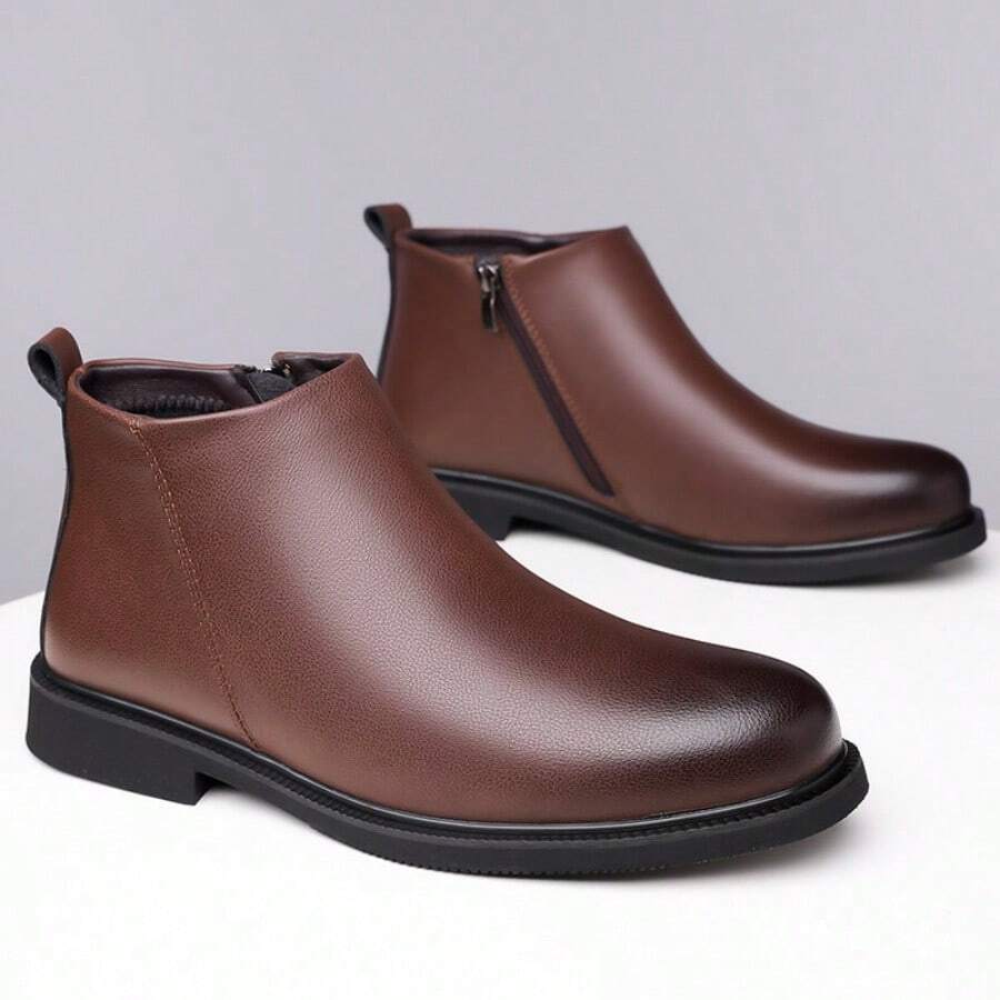 Men's Smooth Leather Side Zipper Ankle Boots Heel Pull Tab Round Toe Low Block Heel Black Office Business Casual Daily Wear Shoes - Brown - View 1