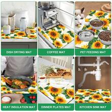 1pc Yellow Sunflower Floral Kitchen Drain Mat Table Placemat, Green Leaf Plant Print Dining Table Mat Coffee Countertop Pad, Pastoral Farmhouse Style Desktop Decor Mat, Kitchen Dining Room Home Decor Accessory - Multicolor - View 8