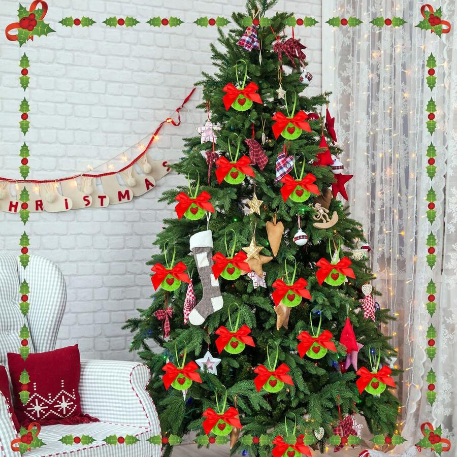 12pcs Green Fuzzy Christmas Ball Ornaments, Fuzzy Elf Decorations With Red Bows - Multicolor - View 1