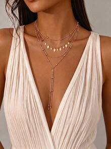 1 Set Kalung Rumbai Manik-Manik Pelat Logam Belah Ketupat Emas Mewah yang Menawan, Cocok untuk Wanita dalam Perjalanan Sehari-hari, Pesta, Jamuan Malam, dan Hadiah Liburan - Emas - View 1