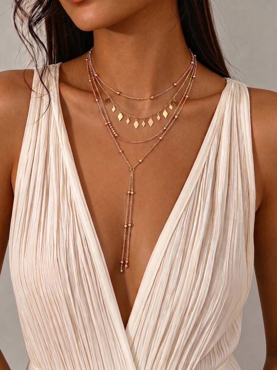 1 Set Kalung Rumbai Manik-Manik Pelat Logam Belah Ketupat Emas Mewah yang Menawan, Cocok untuk Wanita dalam Perjalanan Sehari-hari, Pesta, Jamuan Malam, dan Hadiah Liburan - Emas - View 1