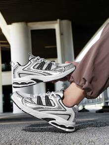 1 Pair Contrast Color Retro Chunky Sneakers Casual Sports Running Shoes Mesh Breathable Comfortable Shock-Absorbing Soft & Bouncy - Silver - View 4
