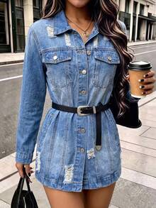 HAPPY GIRL#Spring Autumn Versatile Fashion Festival Holiday Daily Airport Outfit Distressed Denim Women's Casual Outdoor Washed Denim Jacket - Blue - View 5