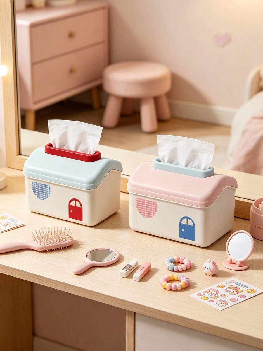 1pc Cute Candy Color Small House Design Desktop Tissue Box, Pink & Blue Tissue Storage Decor, Suitable For Children's Room Desk, Baby Supplies, Room Essentials - Multicolor - View 1