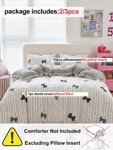HONEYMOON 2/3pcs Printed Duvet Cover Set, Striped & Bow Pattern, Button Closure, 1 Duvet Cover + 1/2 Pillowcases, No Duvet Insert, Fits T F Q K All Sizes, Fashionable Home & School Dorm Bedding Essentials, Machine Washable - Multicolor - View 4