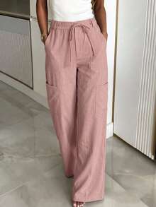 GLAMSKIN Women's Autumn Pink Cargo Wide Leg Pants, Drawstring Elastic High Waist Twill Multi-Pocket Long Pants, Casual Street Style Autumn Fashion Outfit - Dusty Pink - View 7