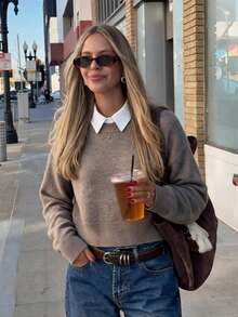 Dila Polly Solid Color Women's Autumn/Winter Casual Versatile Cropped Sweater, Khaki Y2K Short Sweater For Homecoming - Khaki - View 11