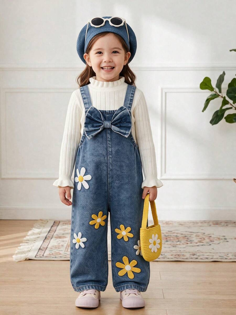 1pc Baby Girl Fresh Mori Style Daisy Applique Bow Design Washed Adjustable Strap Denim Romper Spring Autumn - Blue - View 1