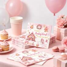 20/40/100Pcs Gingerbread House Welcome‑Arrival Paper Napkins, Pink Gingerbread‑Cottage Patterned Dinner Napkins, Table Paper Goods For Ladies' Winter Welcome Gatherings, Gender Unveiling & Sweet Holidays - View 5