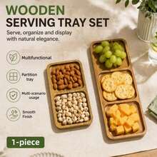 1pc Wooden Serving Tray, Divided Tray, Food Tray With 2/3/4/5 Compartments, Round, Rectangular, Oval Divider Tray For Meat, Cheese, Nuts And Fruit, Round And Rectangular Kitchen Utensils, Kitchen Storage Tray, Multi-Functional Fruit Tray, Creative Appetizer Tray, Home Dessert Tray, Home Serving Tray, Restaurant Service Tray, Reusable Tray, Kitchen Seasoning Storage Tray, Room Decor, Home Decor, Wedding Storage Tray, New Year, Mother's Day, Graduation Season Gift Choice - Yellow - View 4
