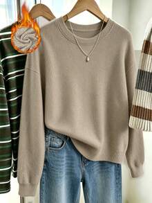 Plus-Size Women's Casual Everyday Versatile Camel-Colored Round Neck Faux Knit Sweater Fall - Camel - View 9