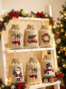5pcs/1pc Christmas Burlap Gift Bags, Drawstring Closure With Hemp Rope, Suitable For Christmas Party Favors, Birthday Gifts, Christmas Tree Decoration, Christmas, New Year, Wedding, Birthday, Baptism, Fireplace Decoration - A - View 5