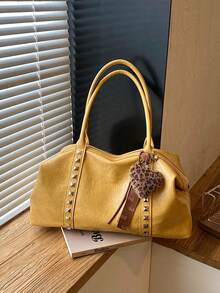 Women Retro Large Capacity Shoulder Bag, Letter Embossed Rivet Decor Hobo Handbag With Leopard Heart Pendant, Casual Commuter Underarm Tote Bag - Yellow - View 3