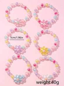 6Pcs Flower Beaded Bracelets For Girls, Random Color Kids Party Jewelry Birthday Gift - Multicolor - View 4