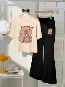 2pcs Round-Neck Short-Sleeve T-Shirt With A Printed Pattern Of A Capybara Drinking Milk Tea And Simple Flared Pants, New Summer Comfortable Set - Apricot - View 2