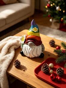 Halloween Desktop Decoration, Resin Rainbow Statue, Cute Faceless Statue With Rainbow Hat And Flowers, Home Dining Table Decoration Desktop Decoration, Holiday Party Center Gift - Rainbow Santa Claus - View 3