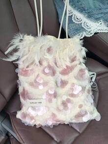 Korean Style Shiny Feather Sequin Pink & Silver Patchwork Niche Design INS Style Large Capacity Tote Bag For Commute, Outing, Daily Shopping, Shoulder Slouchy Handbag - Pink - View 2