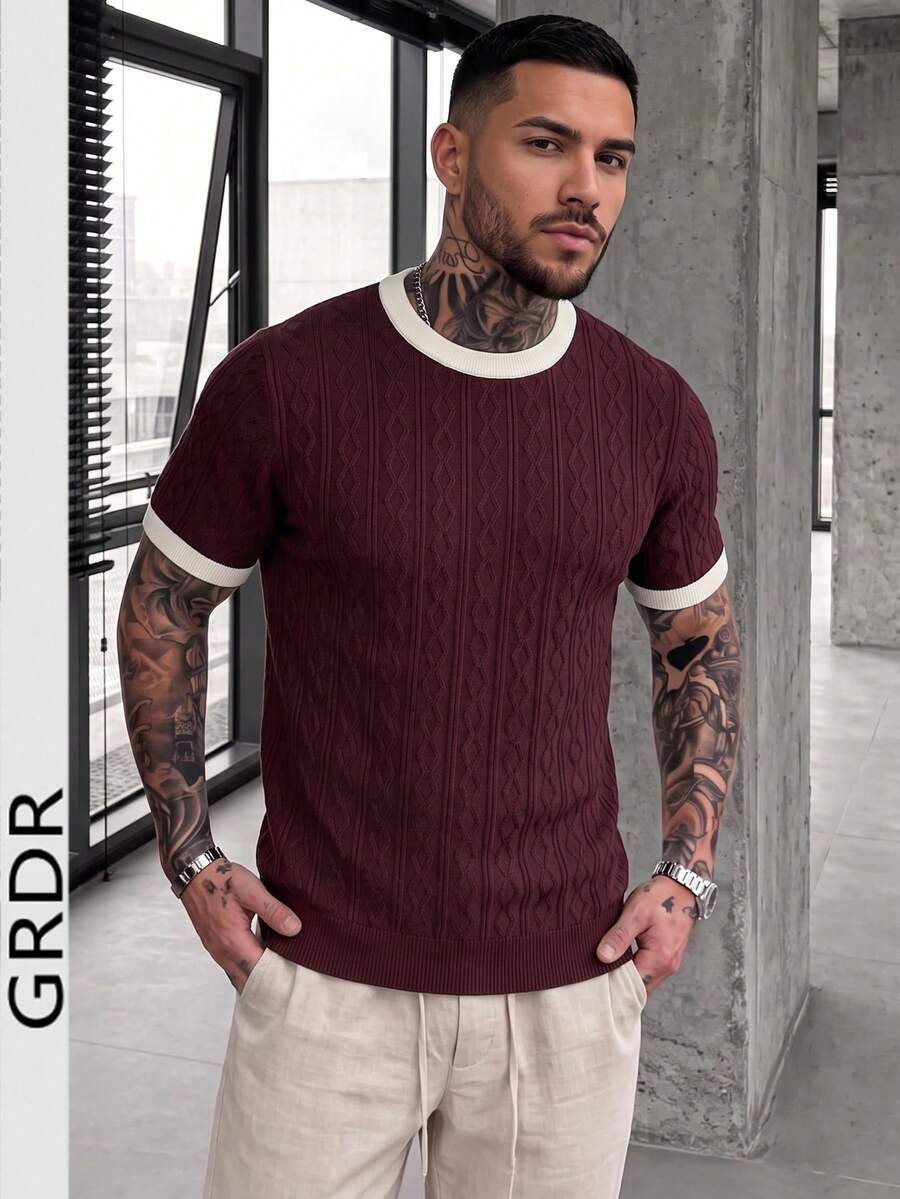 GRDR 男士圓領薄針織 T-shirt 上衣-極簡時尚日常穿搭 - 中紫紅色 - 查看 1