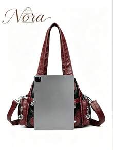 Y2K Millennium Style Leopard Print Patchwork Women's Bag, Vintage Distressed Multi-Pocket Tote Bag With Metal Decoration, Large Capacity Shoulder And Crossbody Bag - Burgundy - View 4