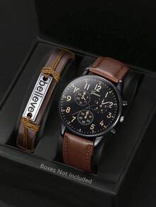 SOKI SOKI Men's 2-Piece Watch & Bracelet Gift Set, Chronograph Quartz Watch With Black Dial And Orange Numbers, Brown PU Leather Strap And Leather Bracelet, Vintage Large Dial Business Casual Watch Set, Suitable For Daily, Office, Holiday, Ramadan, Eid, Thanksgiving, Wedding, Banquet, Date, Christmas, Back To School, Party, Halloween, Easter And Other Occasions, Gift Box Not Included - Brown - View 8