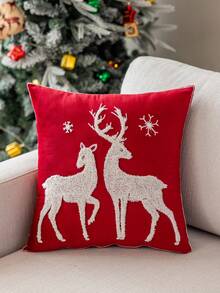 1pc 3D Embroidered Velvet Deer & Tree Pillow Case, Without Pillow Insert, Christmas Theme, All Season Decorative Cushion Cover, Suitable For Living Room, Bedroom, Machine Washable - Red Cloth Reindeer - View 6
