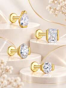 EleRunis 1pc 925 Sterling Silver Classic Asymmetrical Marquise Square Flat Back Cartilage Stud, Suitable For Helix, Conch, Cartilage, Ear Rim, Threaded Piercing Delicate Jewelry, Perfect For Daily Wear And Party - Gold - View 3